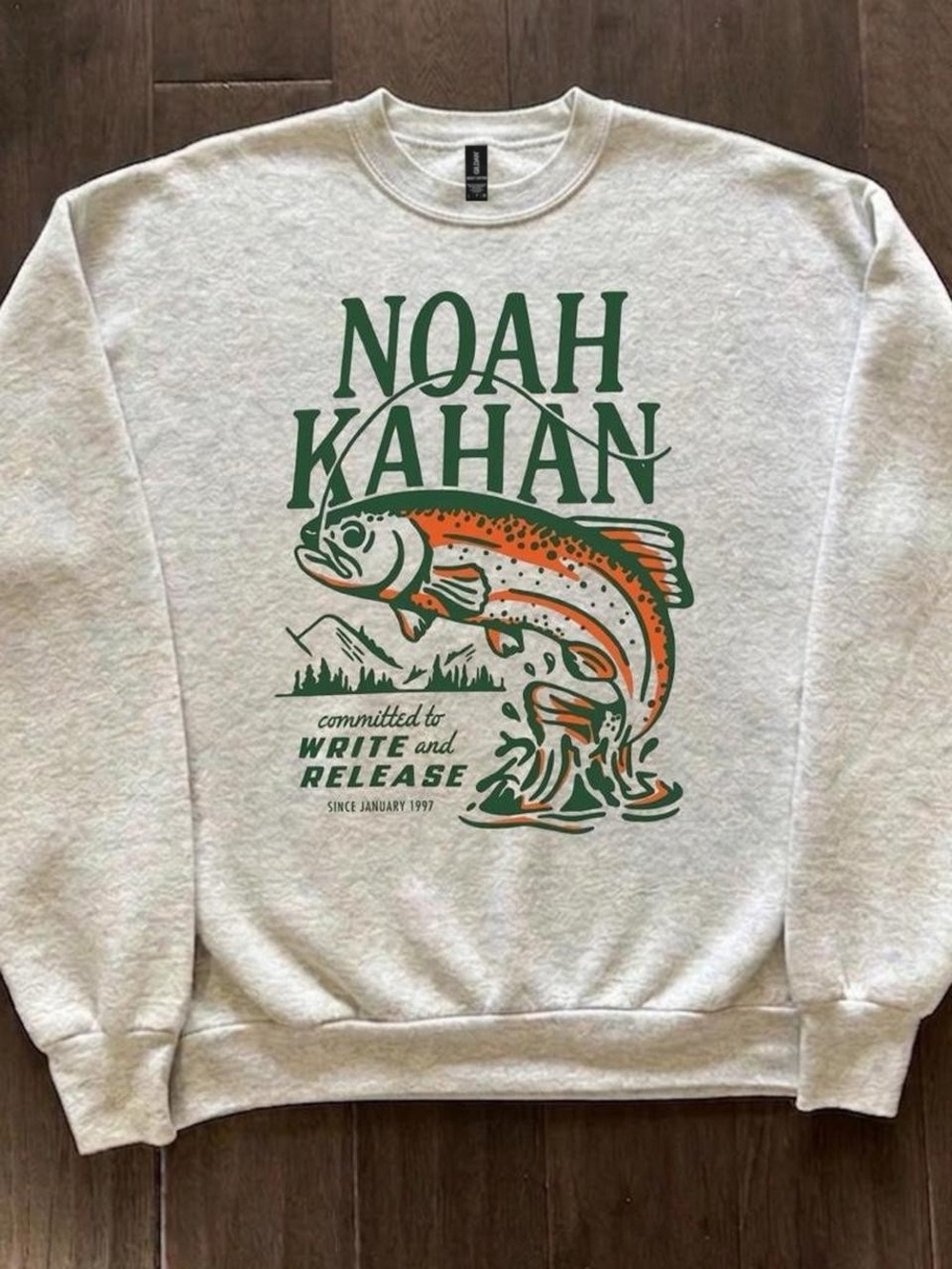 Noah Kahan Trout Graphic Crewneck – Green & Orange Fishing Design